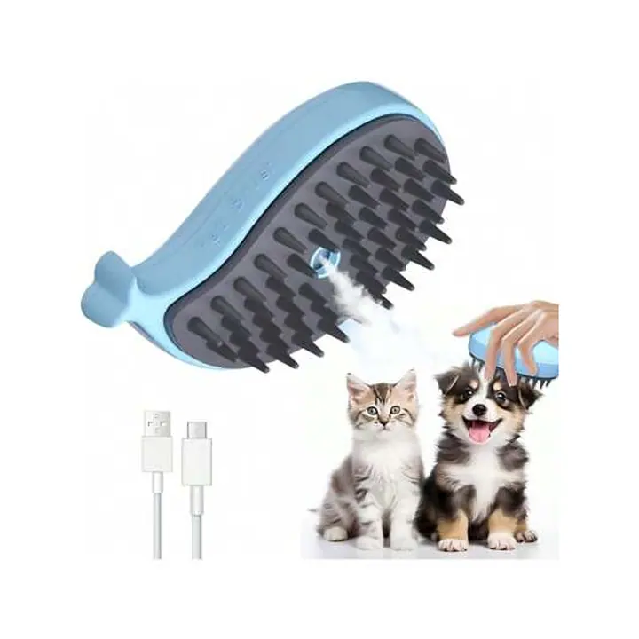 Cepillo de vapor azul para mascotas con su cable USB de carga
