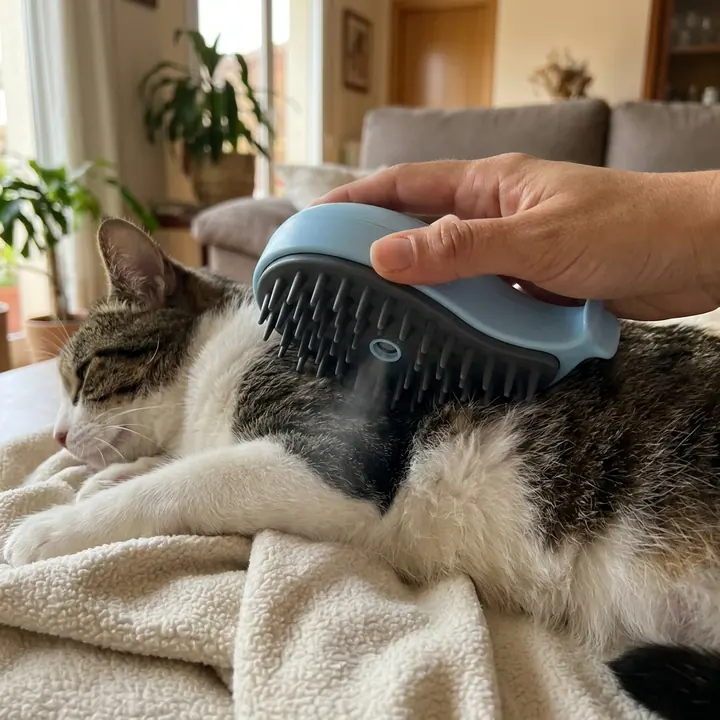 Una mano cepilla a un gato con el cepillo de vapor azul (imagen ilustrativa)