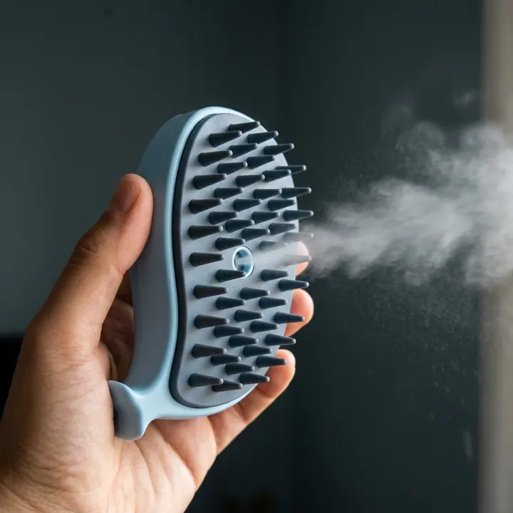 Cepillo de vapor azul soltando una fina niebla de vapor (imagen ilustrativa)